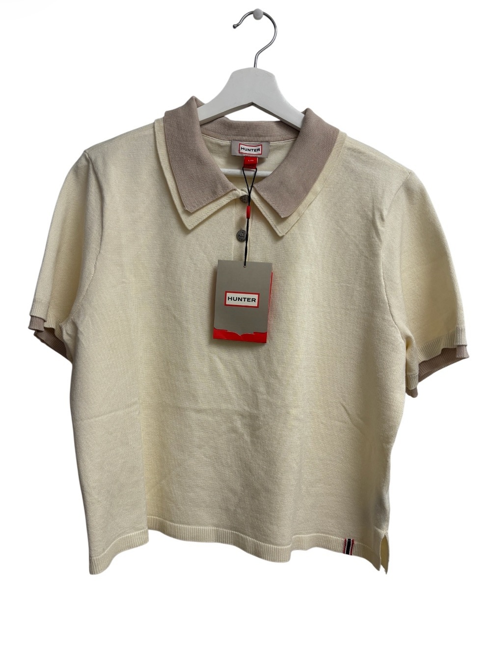 Hunter Contrast Trim Knit Polo Top Chalk Cream Taupe Short Sleeve Collared Shirt - Picture 3 of 7